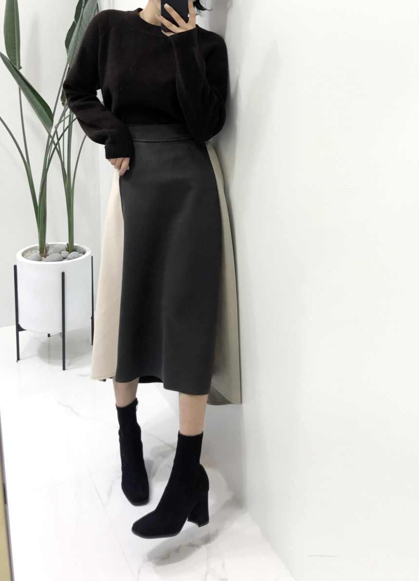 Suede color belted long skirt 2color modern basic 