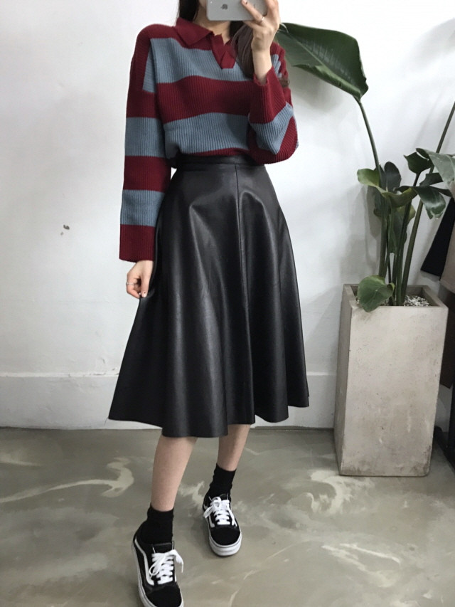 Leather flare Long skirt Autumn girl Frill Leja Hi