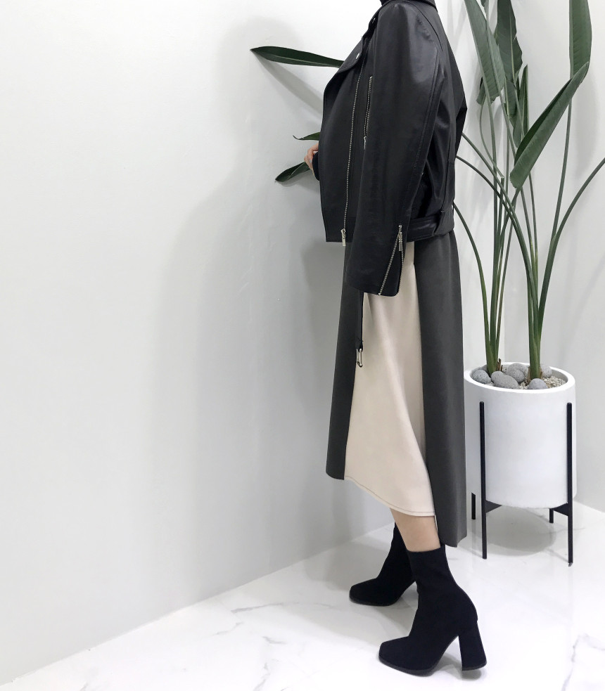 Suede color belted long skirt 2color modern basic 