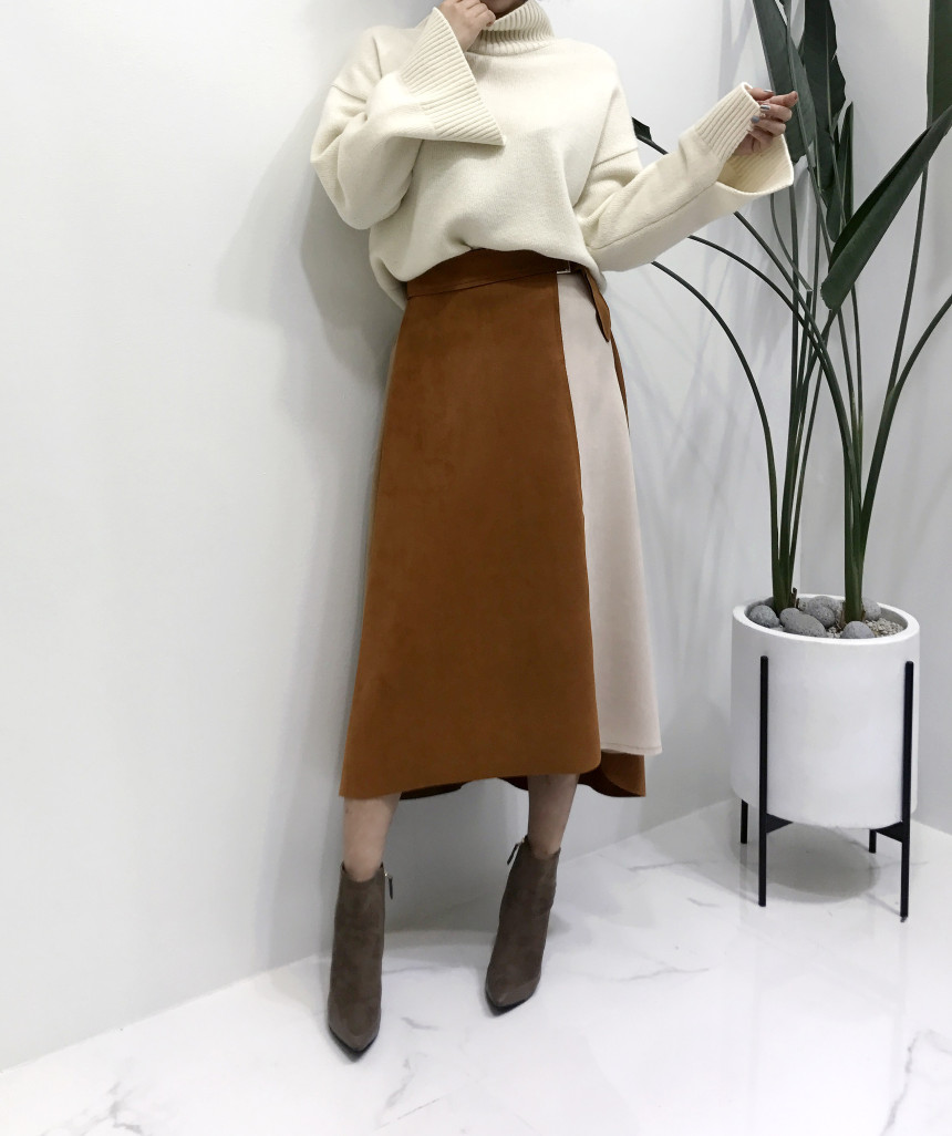 Suede color belted long skirt 2color modern basic 