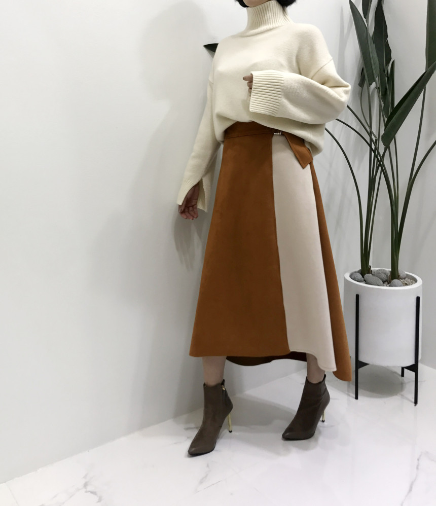 Suede color belted long skirt 2color modern basic 