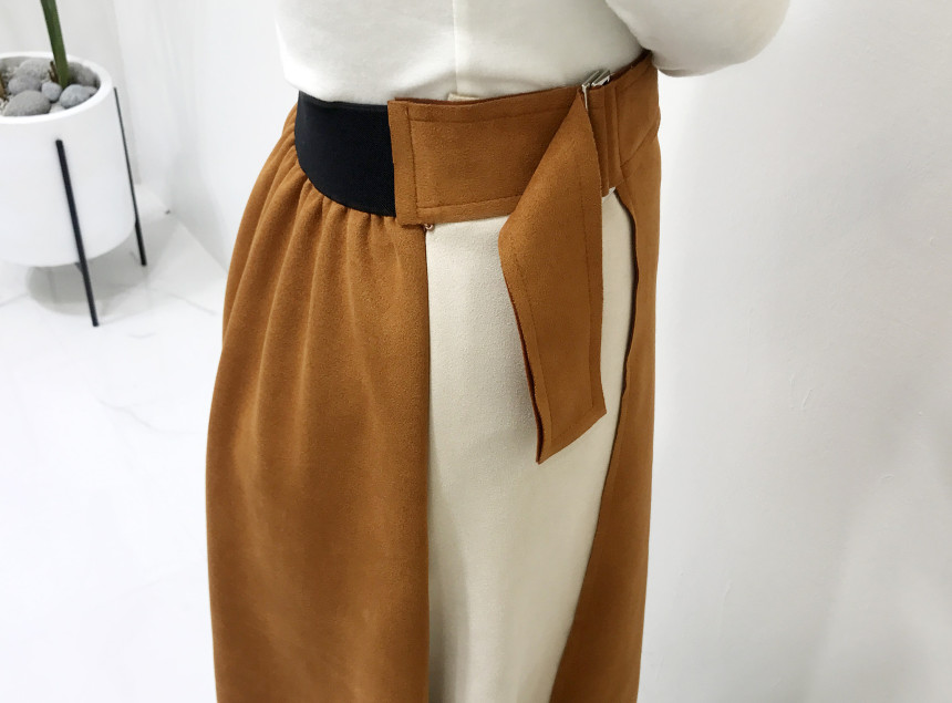 Suede color belted long skirt 2color modern basic 