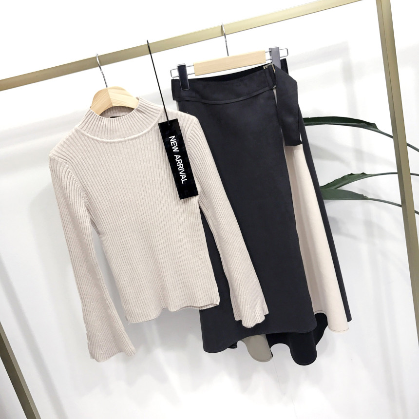 Suede color belted long skirt 2color modern basic 