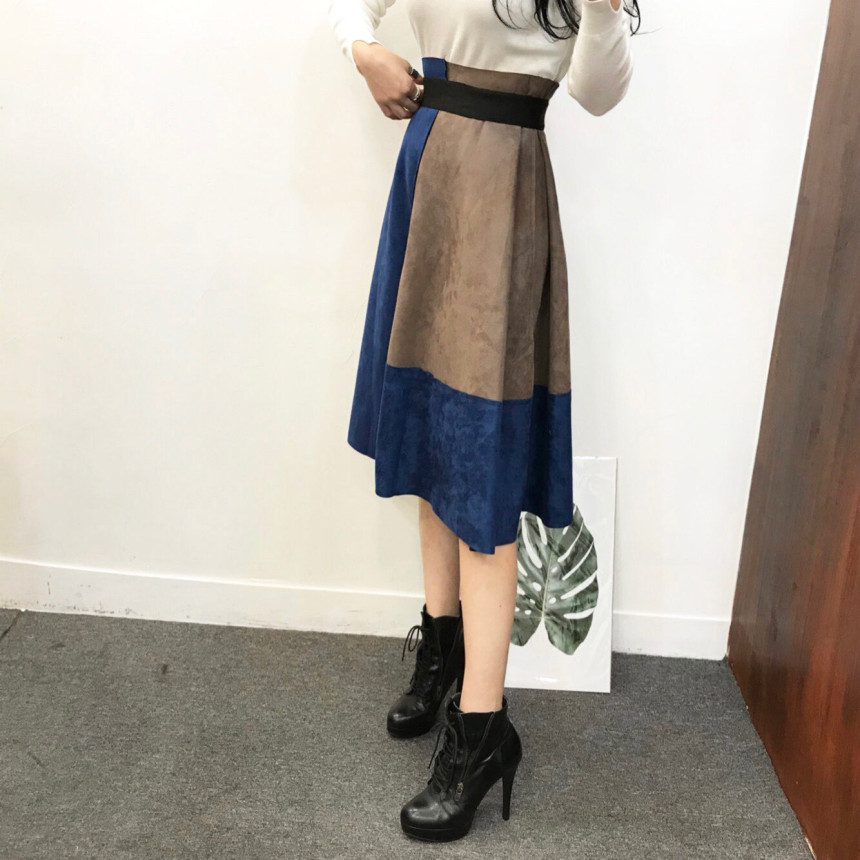 Suede color long skirt banding autumn coordination