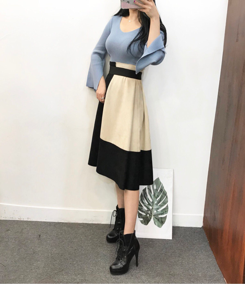 Suede color long skirt banding autumn coordination