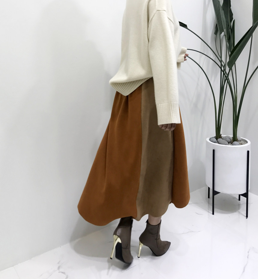 Suede color belted long skirt 2color modern basic 