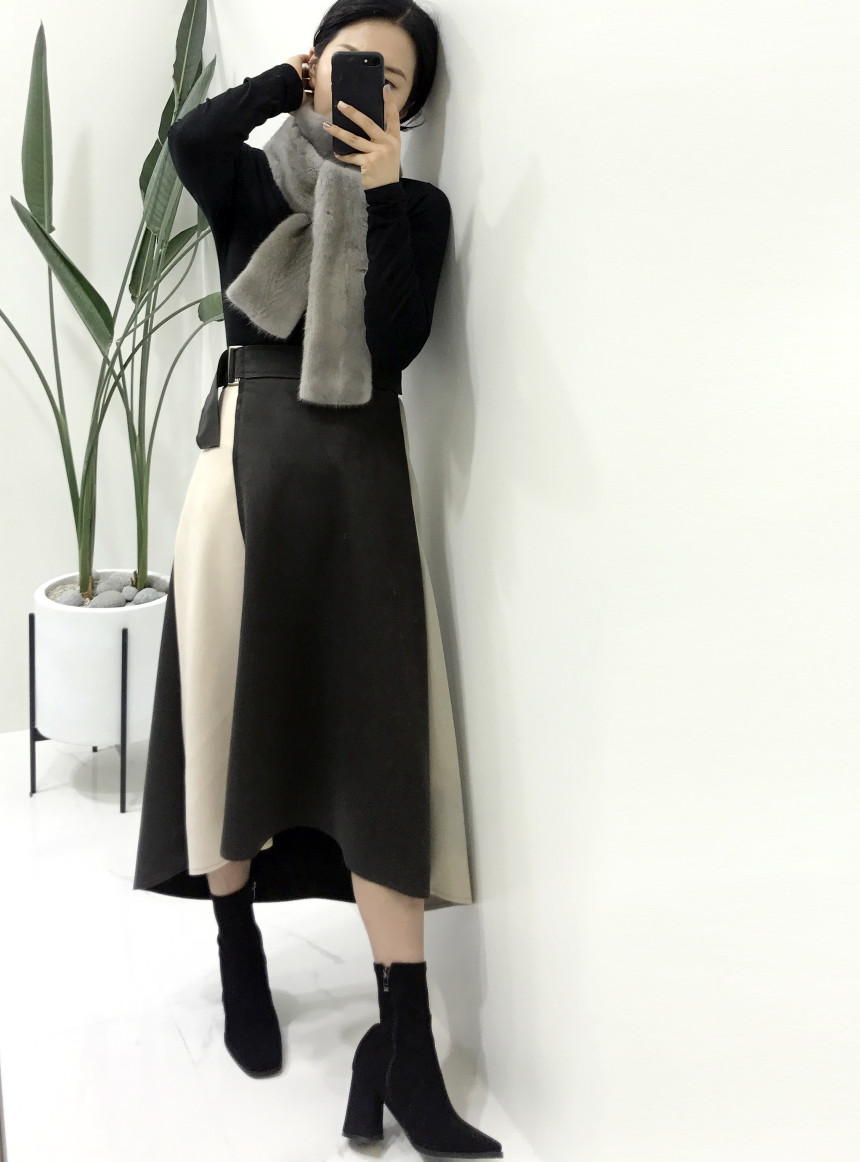 Suede color belted long skirt 2color modern basic 