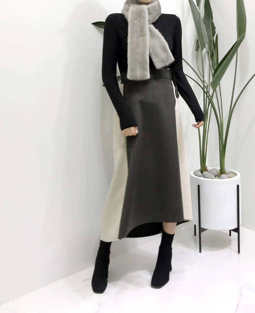 Suede color belted long skirt 2color modern basic 