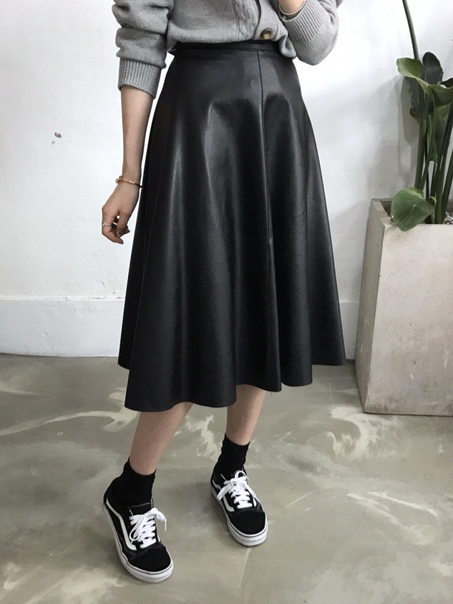 Leather flare Long skirt Autumn girl Frill Leja Hi