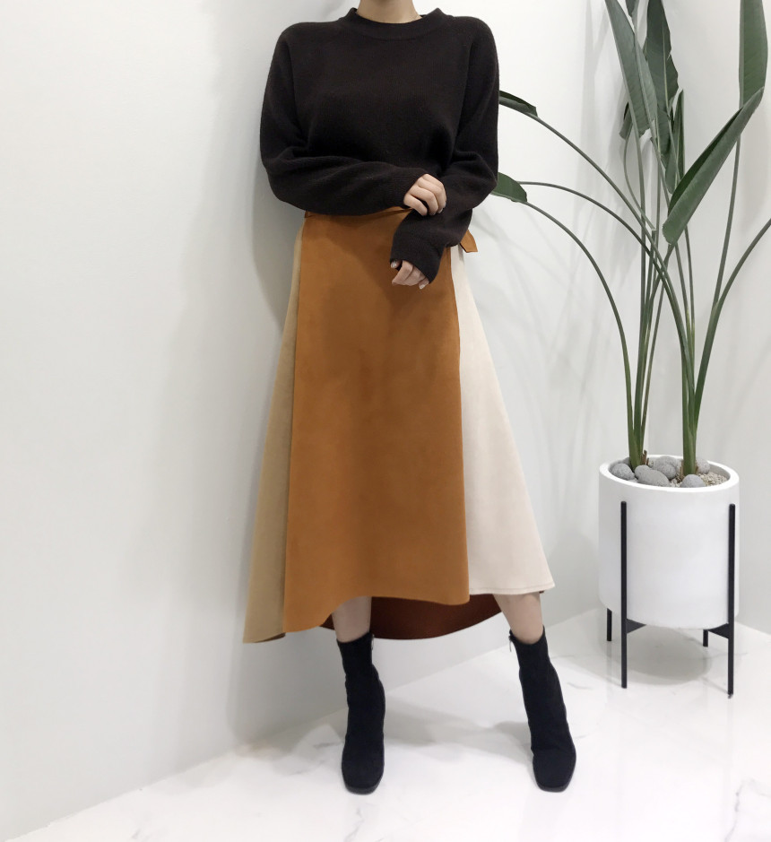 Suede color belted long skirt 2color modern basic 