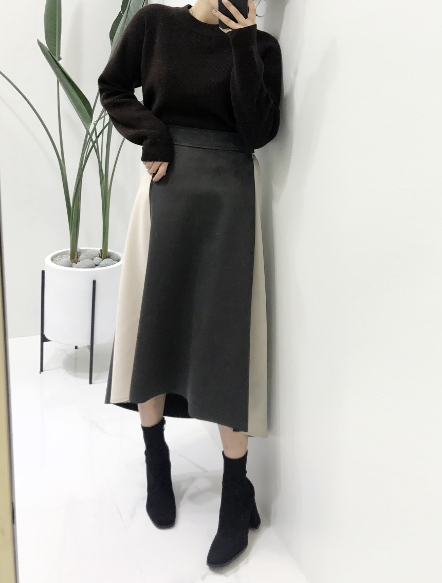 Suede color belted long skirt 2color modern basic 