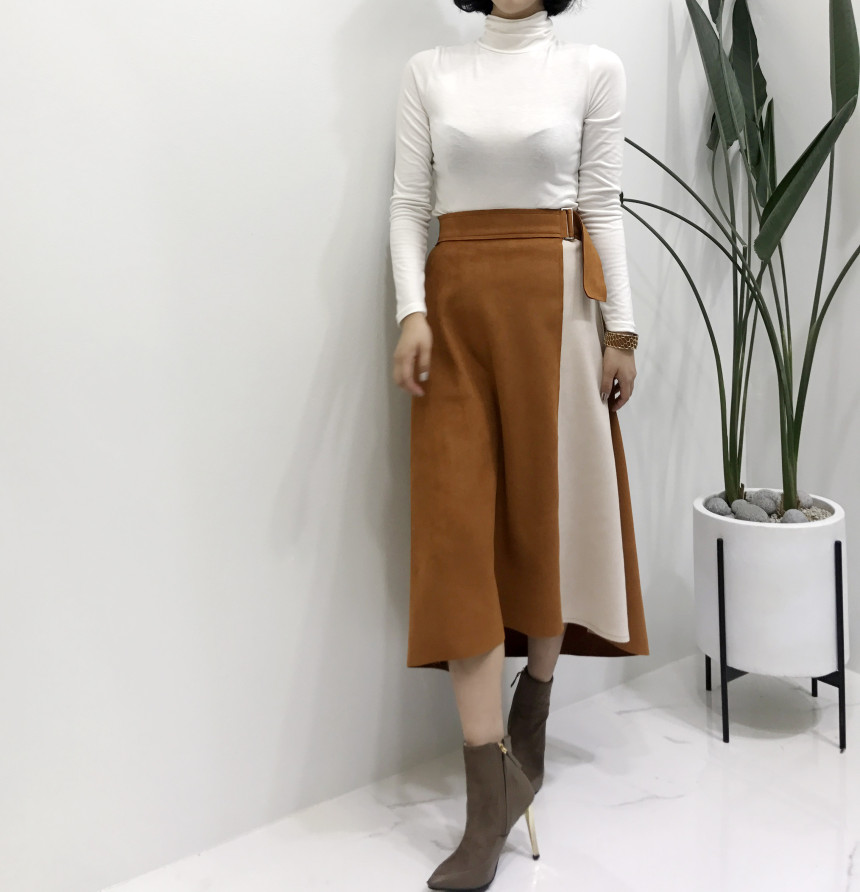 Suede color belted long skirt 2color modern basic 