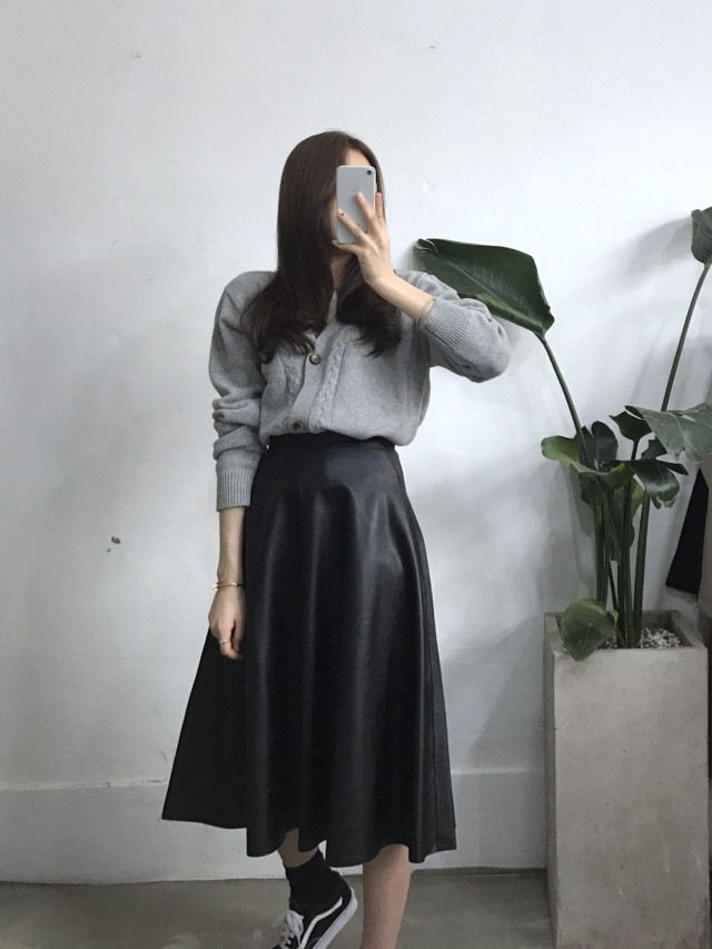 Leather flare Long skirt Autumn girl Frill Leja Hi