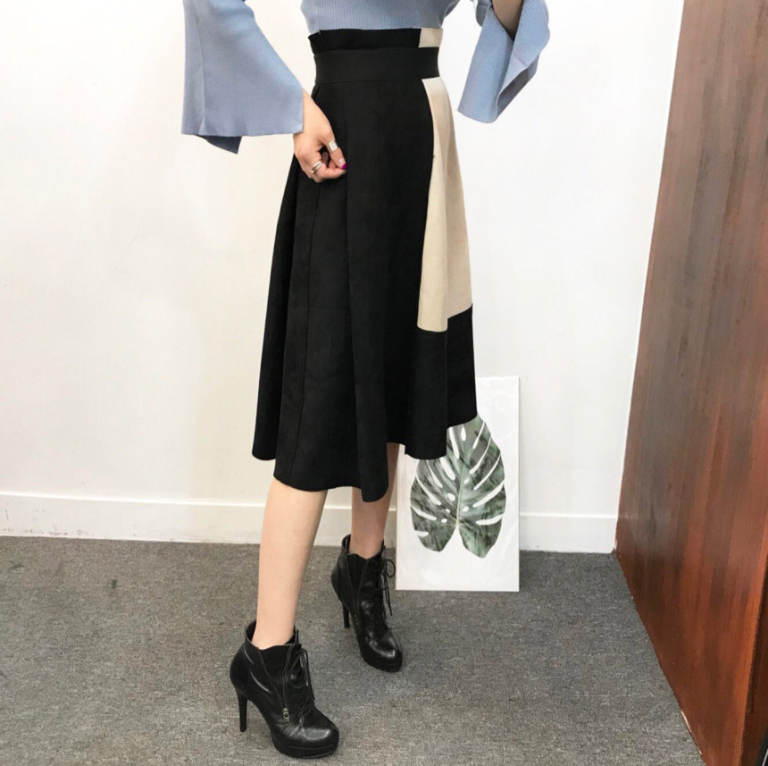 Suede color long skirt banding autumn coordination