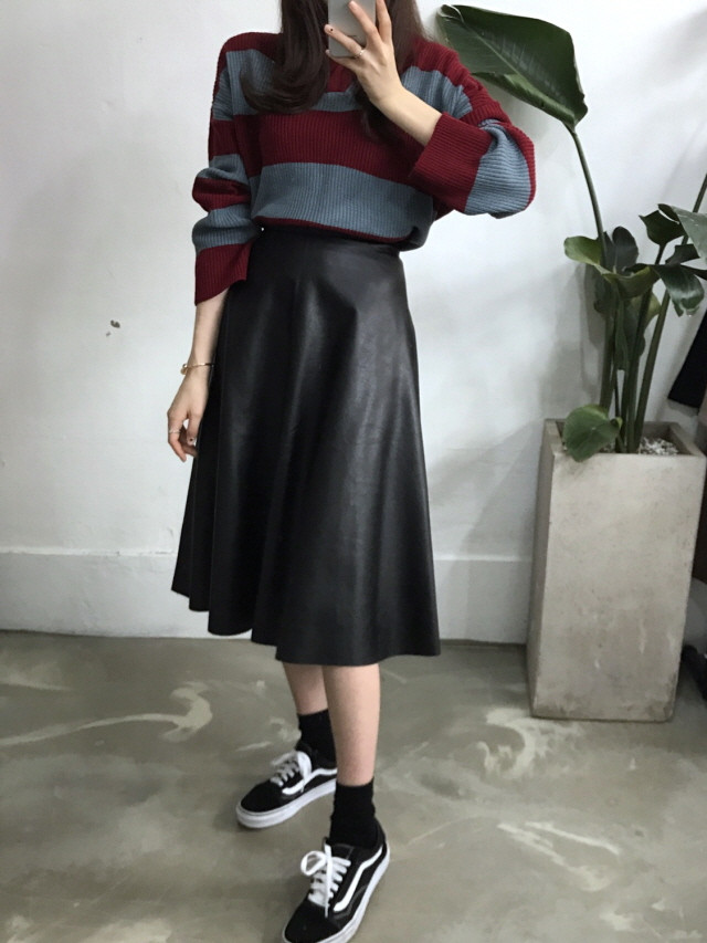 Leather flare Long skirt Autumn girl Frill Leja Hi
