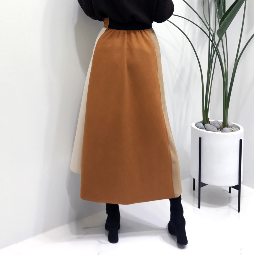Suede color belted long skirt 2color modern basic 