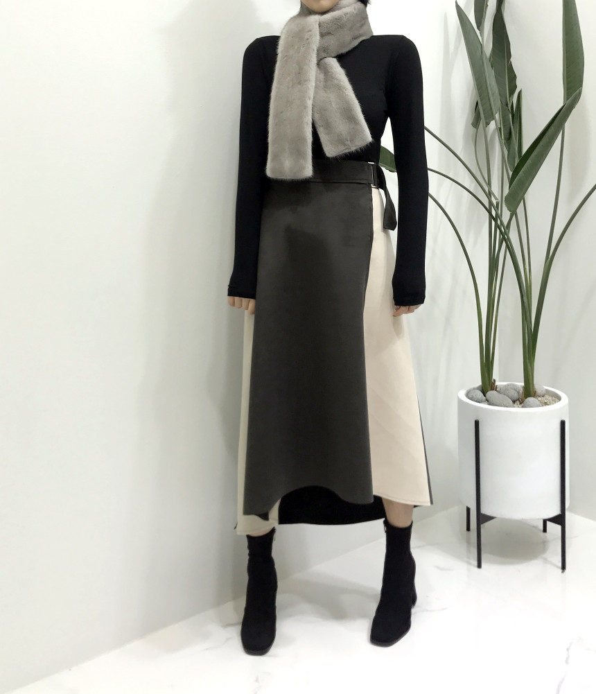Suede color belted long skirt 2color modern basic 