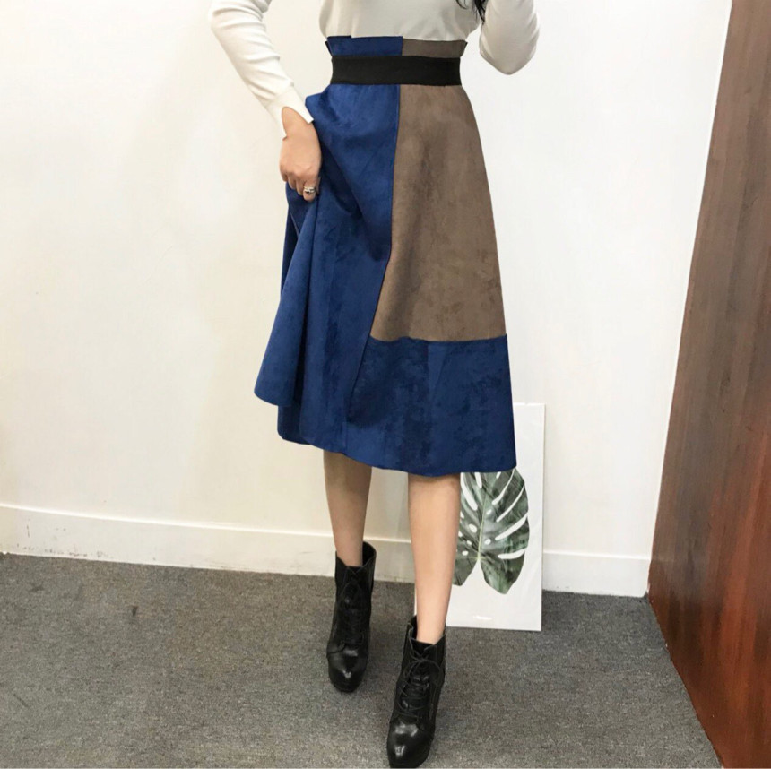 Suede color long skirt banding autumn coordination