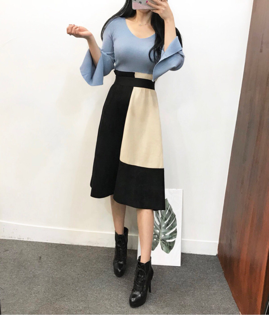 Suede color long skirt banding autumn coordination