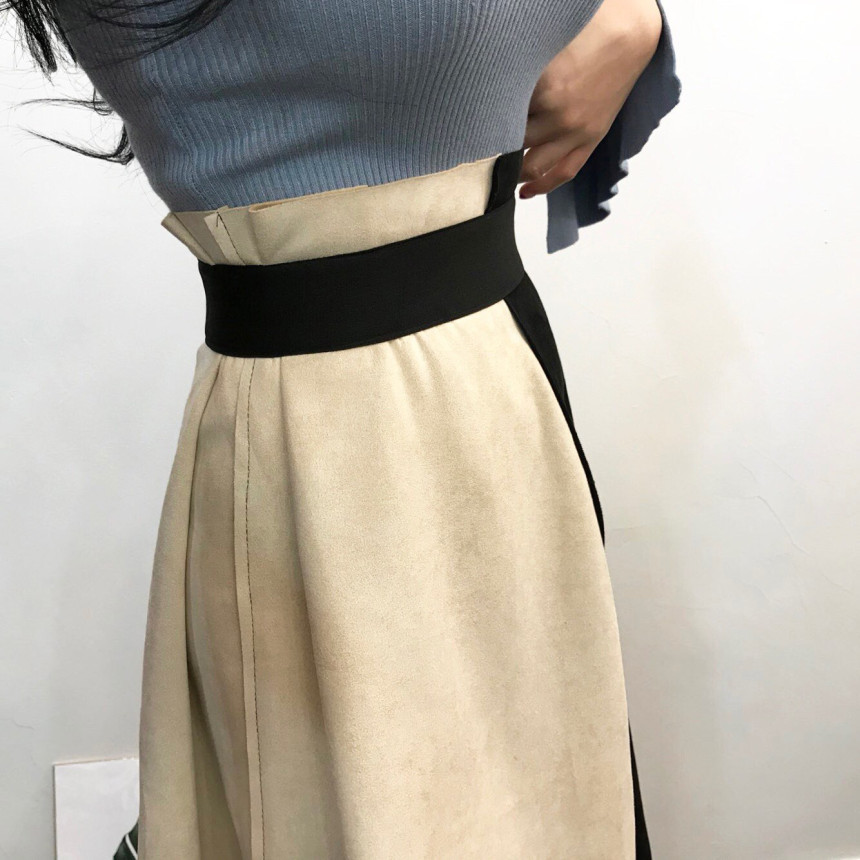 Suede color long skirt banding autumn coordination