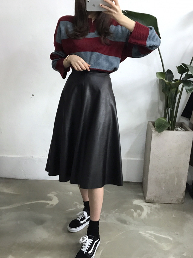 Leather flare Long skirt Autumn girl Frill Leja Hi