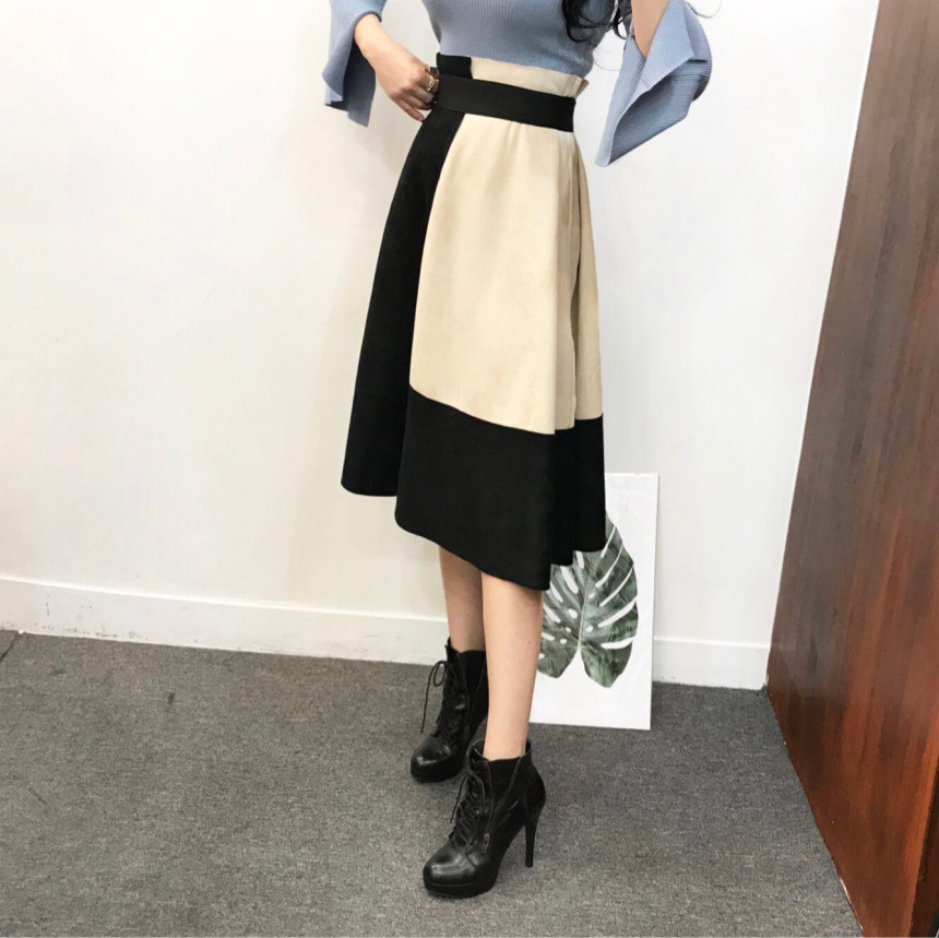 Suede color long skirt banding autumn coordination