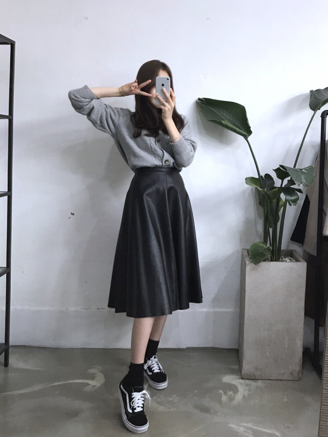 Leather flare Long skirt Autumn girl Frill Leja Hi