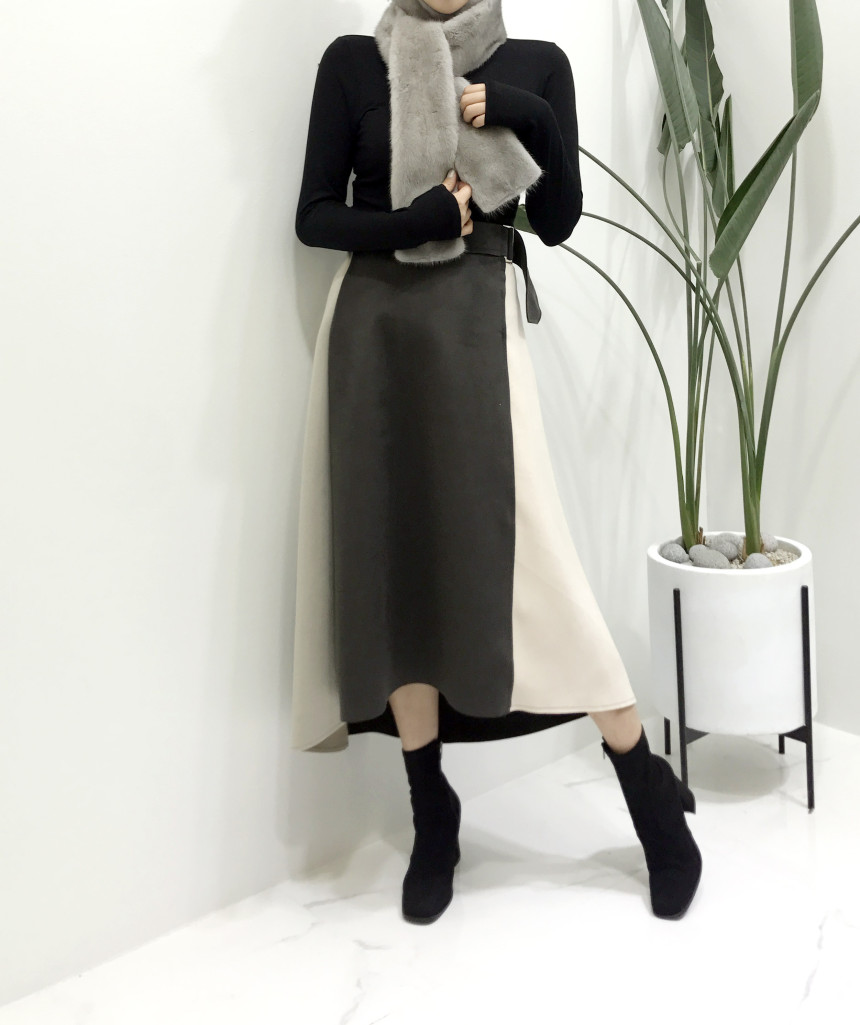 Suede color belted long skirt 2color modern basic 