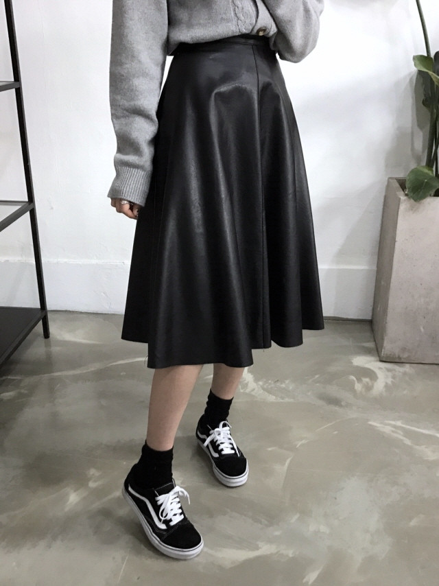 Leather flare Long skirt Autumn girl Frill Leja Hi
