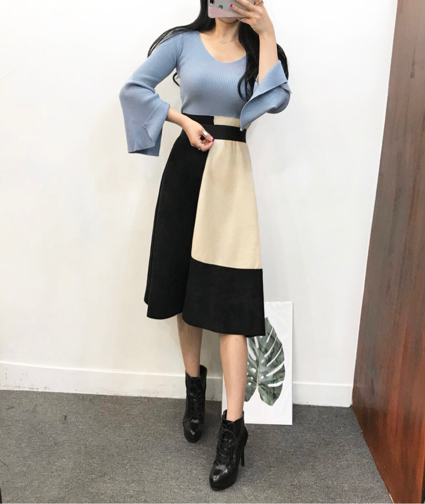 Suede color long skirt banding autumn coordination