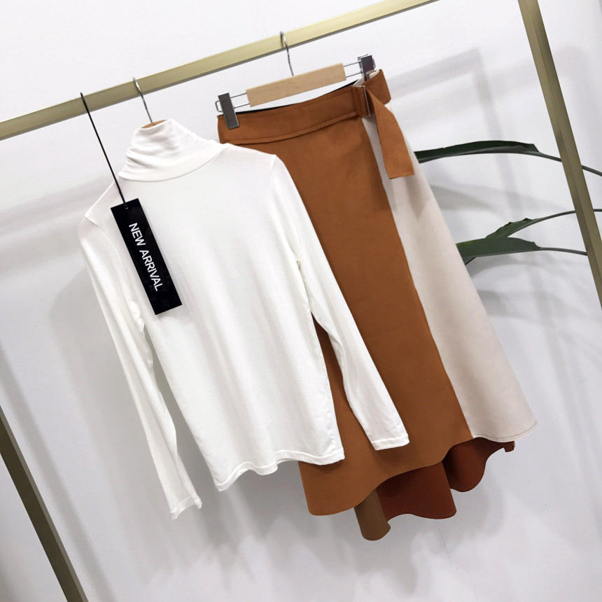 Suede color belted long skirt 2color modern basic 
