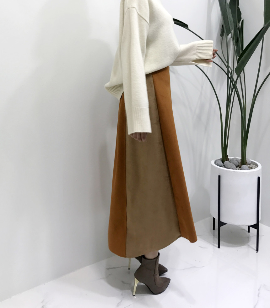 Suede color belted long skirt 2color modern basic 
