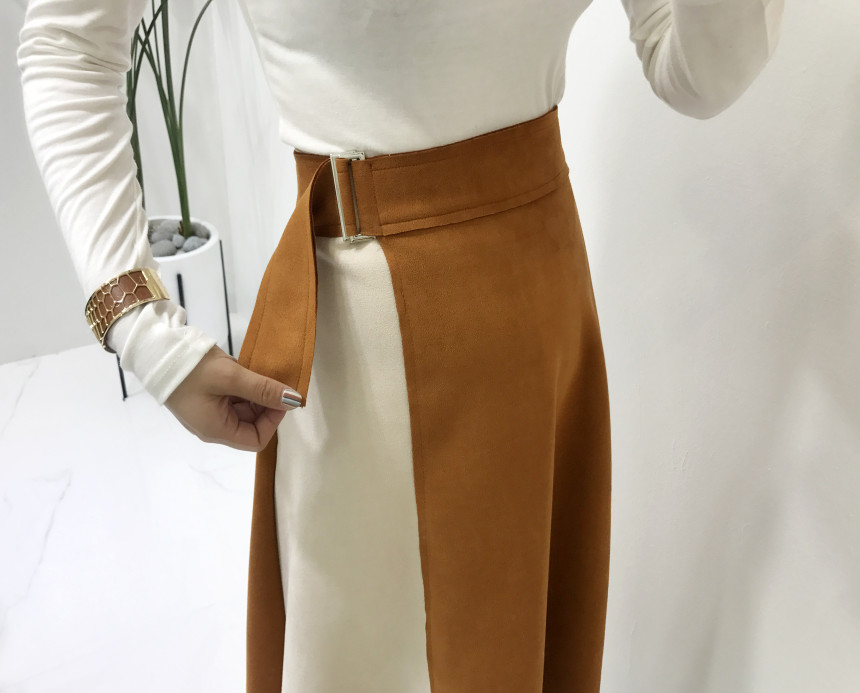 Suede color belted long skirt 2color modern basic 