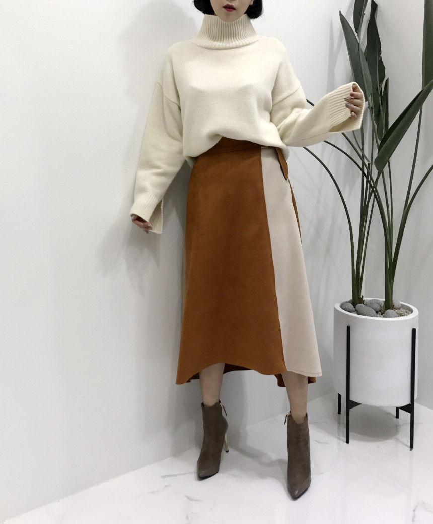 Suede color belted long skirt 2color modern basic 