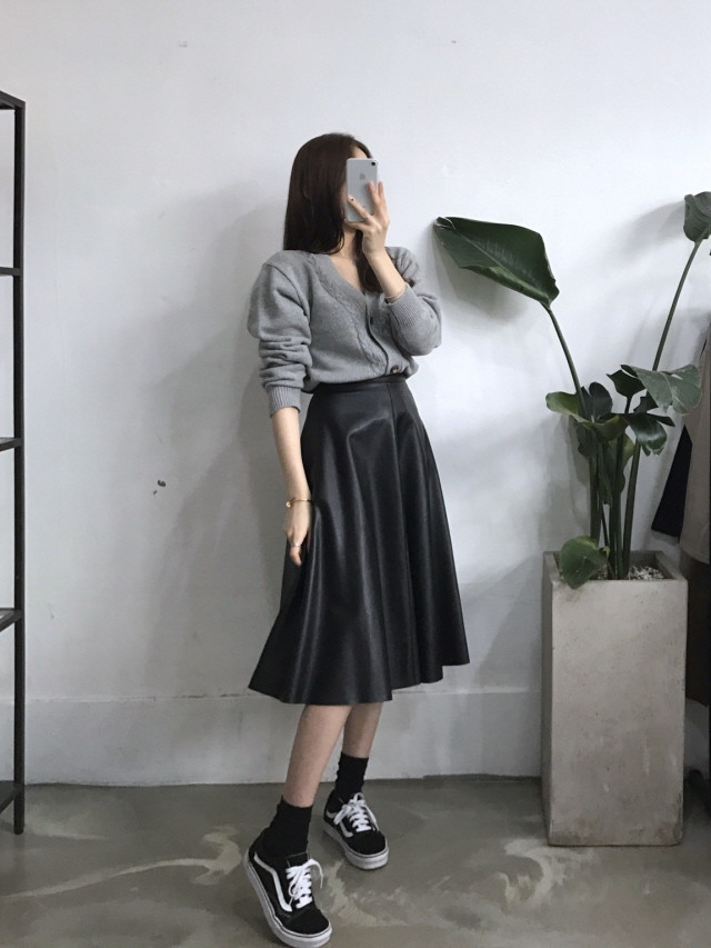 Leather flare Long skirt Autumn girl Frill Leja Hi
