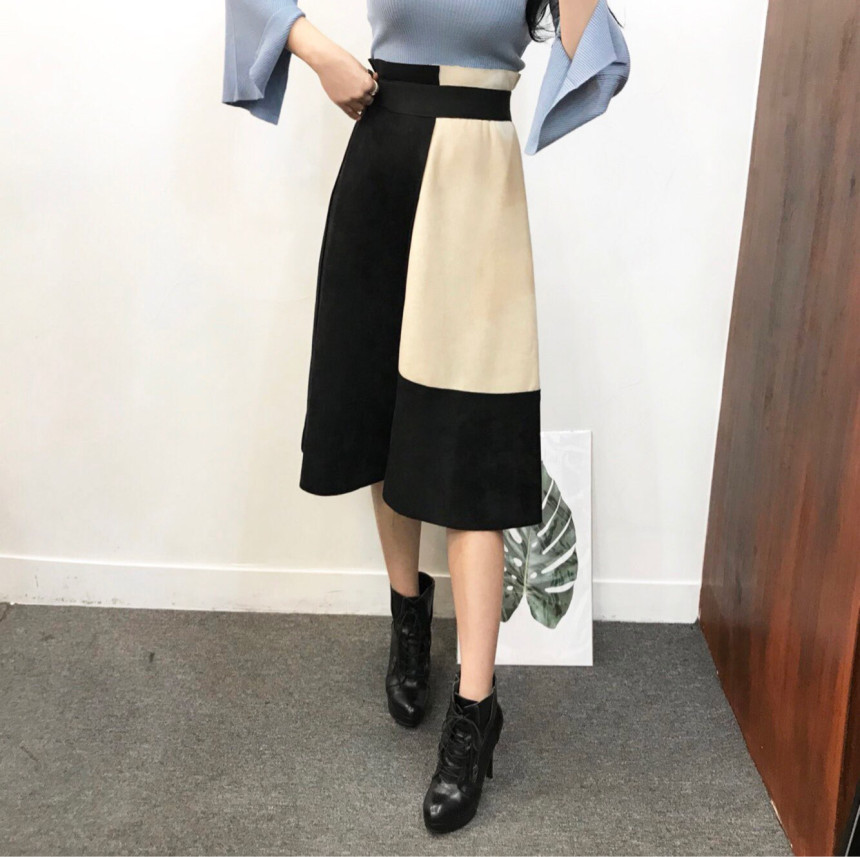 Suede color long skirt banding autumn coordination
