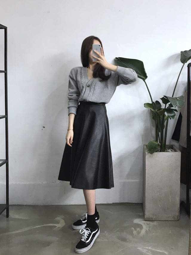 Leather flare Long skirt Autumn girl Frill Leja Hi