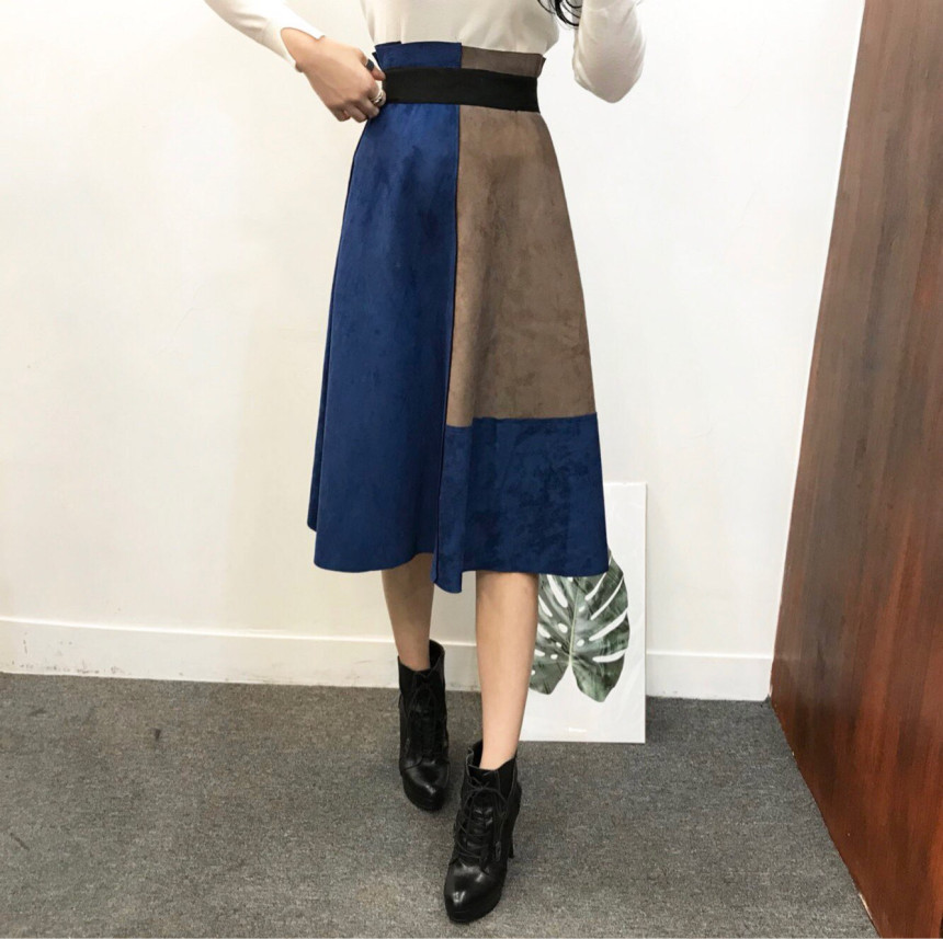 Suede color long skirt banding autumn coordination