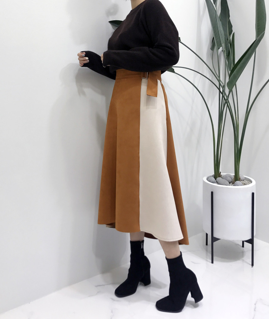 Suede color belted long skirt 2color modern basic 