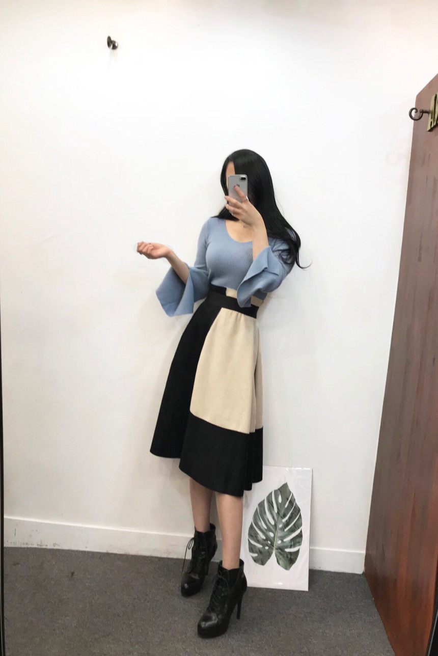 Suede color long skirt banding autumn coordination