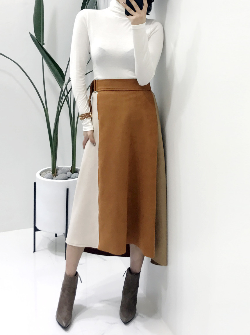 Suede color belted long skirt 2color modern basic 