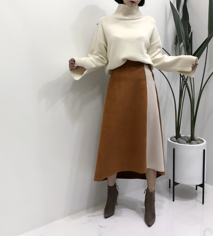 Suede color belted long skirt 2color modern basic 