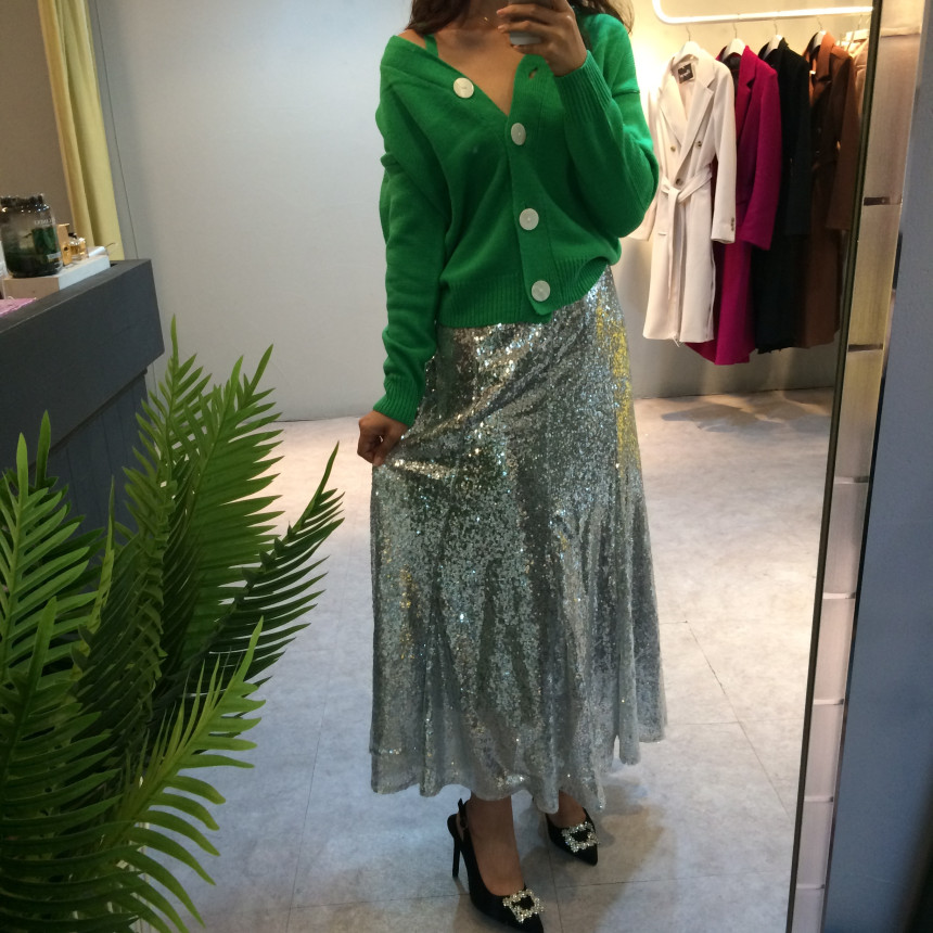 Spangled Long Skirt Mermaid Silver Metal Party Gli