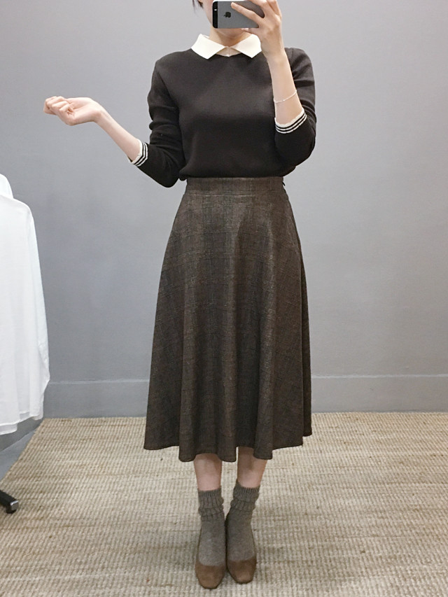 Wool flare check long skirt Autumn 20 women's c