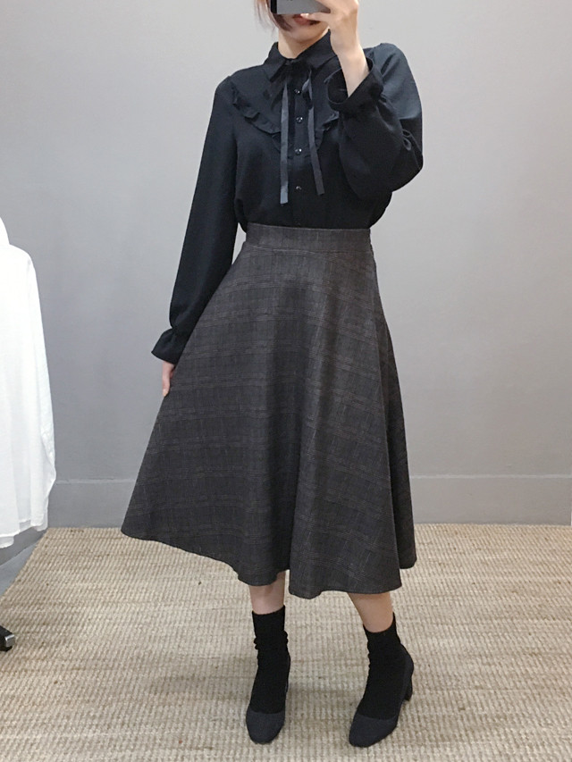 Wool flare check long skirt Autumn 20 women's c