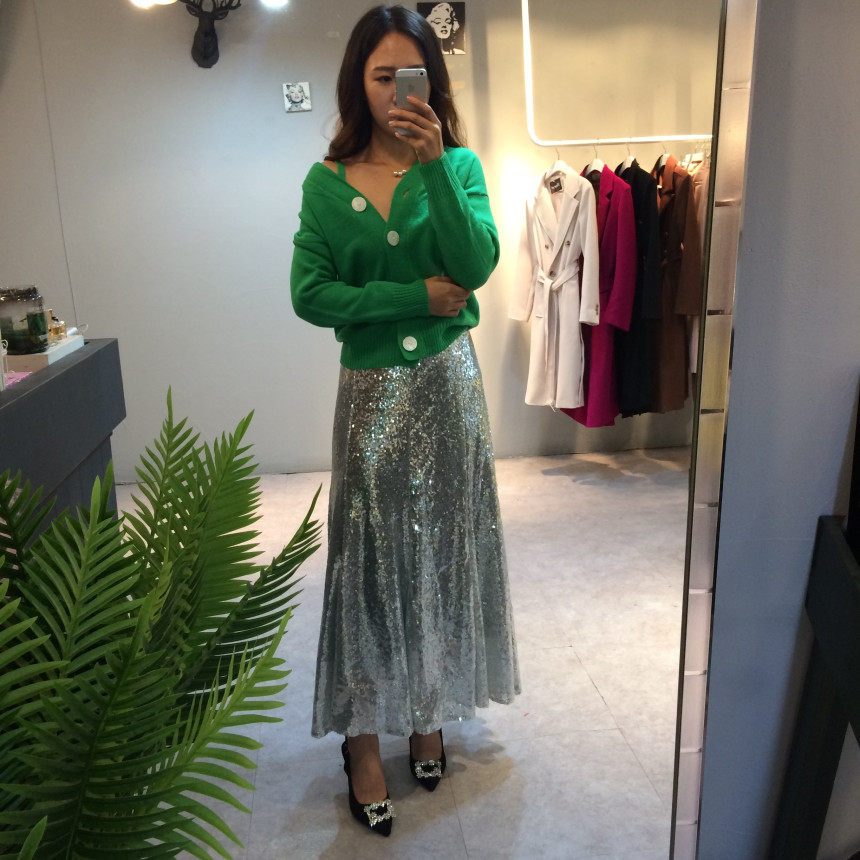 Spangled Long Skirt Mermaid Silver Metal Party Gli