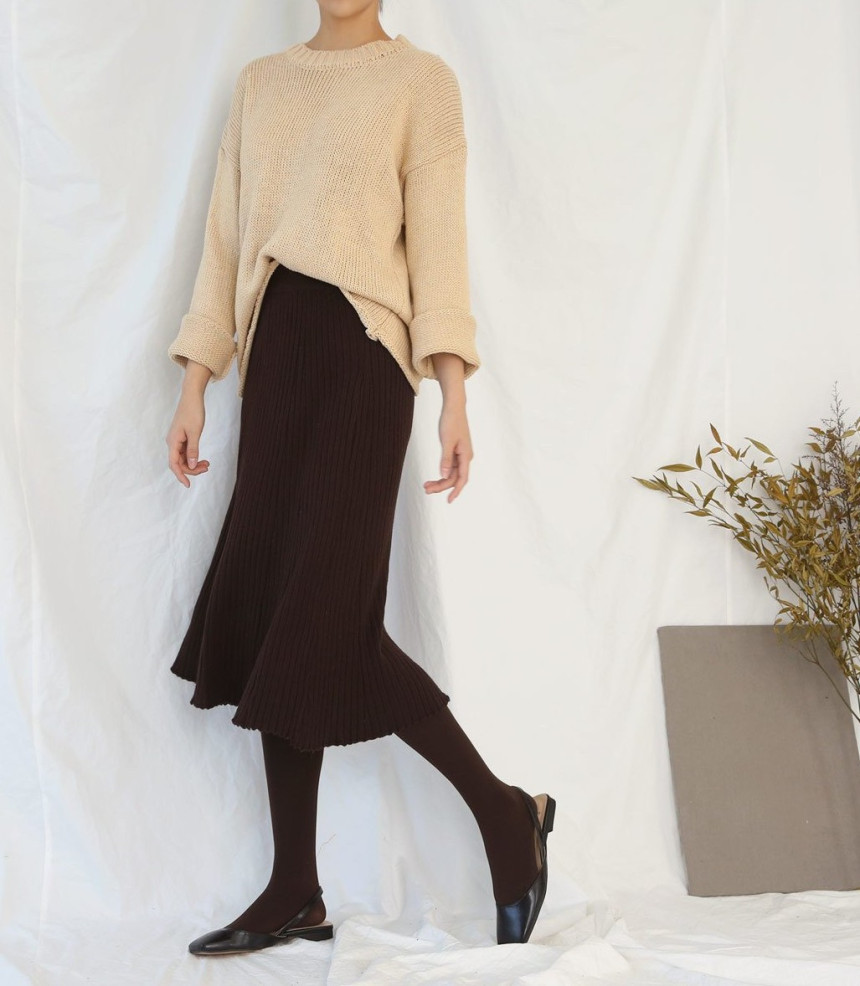 Wrinkled knit wool flared skirt 4COLOR Women Bendi