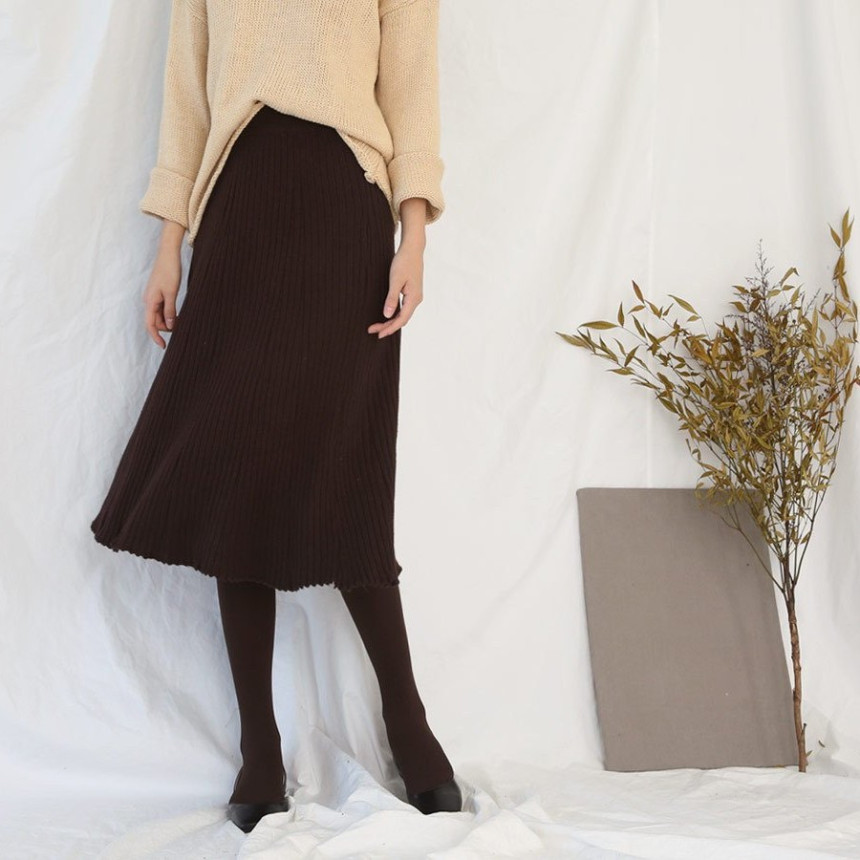 Wrinkled knit wool flared skirt 4COLOR Women Bendi