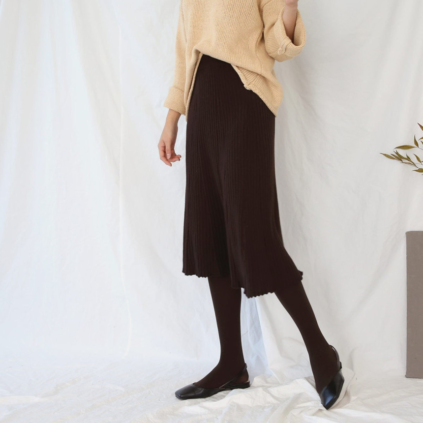 Wrinkled knit wool flared skirt 4COLOR Women Bendi