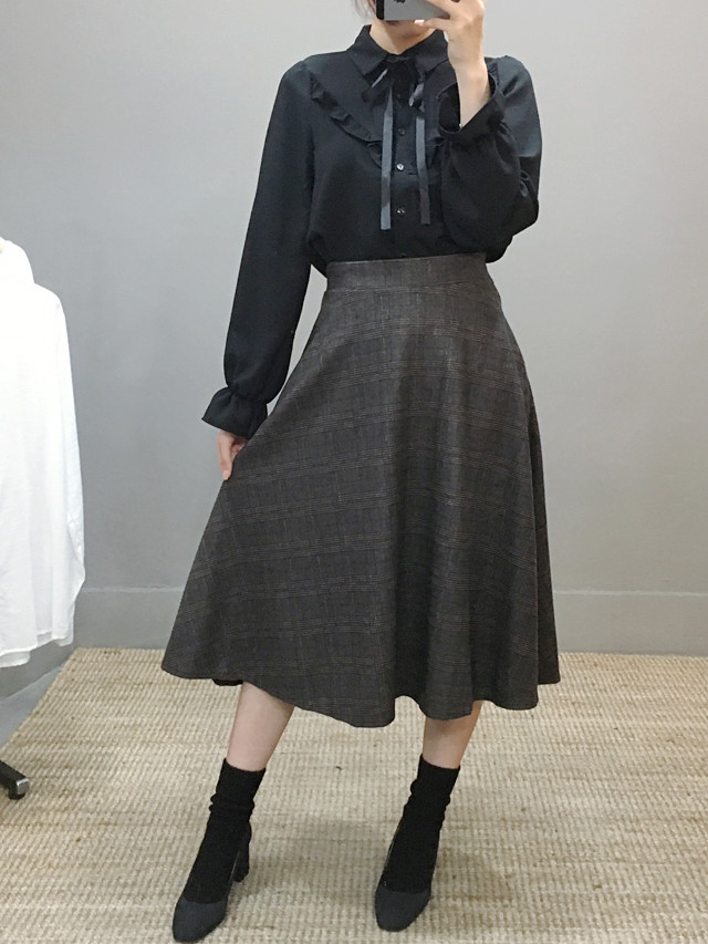 Wool flare check long skirt Autumn 20 women's c